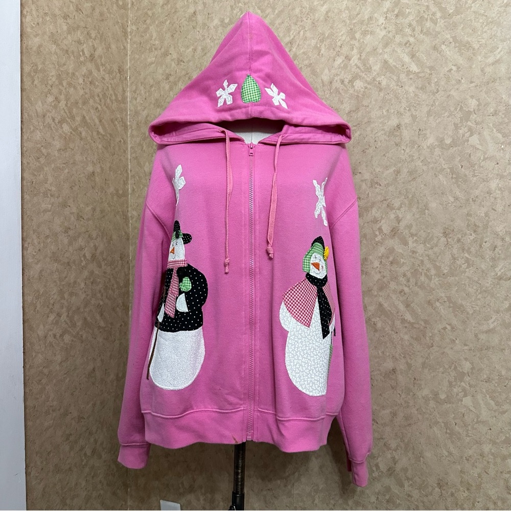 VTG Y2K 2000s Pink Snowman Full Zip Hoodie Patchwork Christmas Sweater